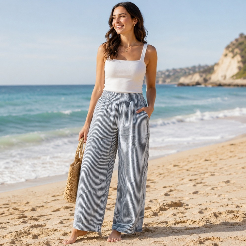 Blue and White Striped Linen Blend Wide Leg Elastic Waist Pants Women Small